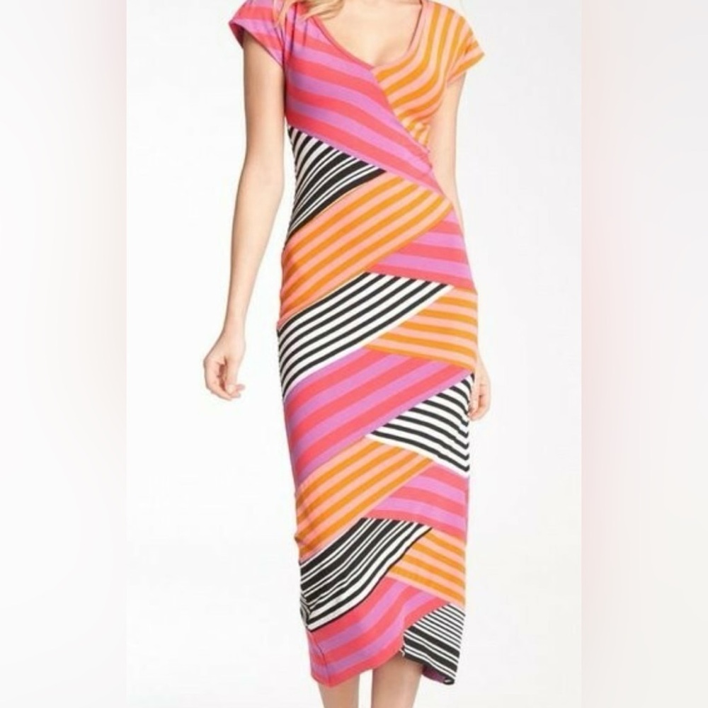 Nicole Miller Pink and Orange Striped Midi Dress